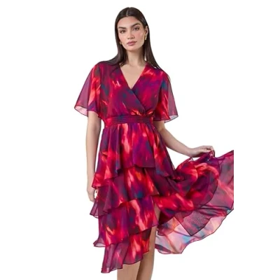 Image of Roman Originals Frill Dress for Women UK Ladies Summer Wrap Chiffon Hem Layered Belted Midi Maxi Tiered Cape Special Occasion Fit &amp; Flare Wedding Guest Swing Skater Wine Multi Size 12