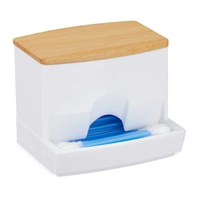 Image of Relaxdays Cotton Swab Storage Box, Acrylic Lidded Organiser, Stick Bathroom Dispenser, Various Sizes, White/Brown