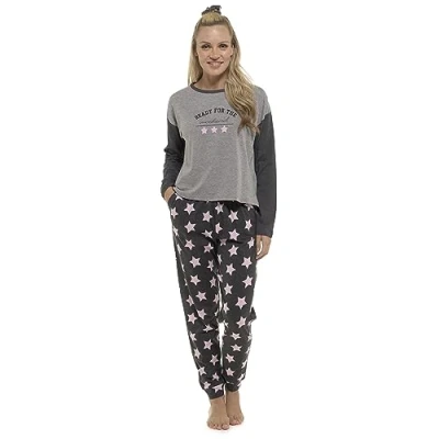 Image of Evotex Trading Ladies Varsity Star Print Pyjamas Top And Cuffed Bottoms PJ Set Grey Size 12/14