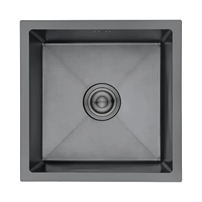 Image of Ibergrif M84040B Stainless Steel Black Kitchen Sink, 40 x 40cm, Undermount Sink Drop in, Topmount Single Bowl with Drainer Fittings