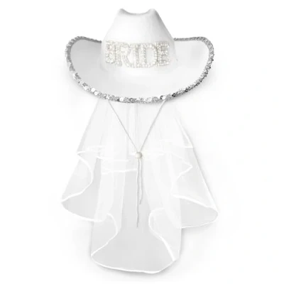 Image of Bride Cowboy Hat Cowgirl Felt Western Texas Texan Costume Accessories for Women, Adults Wild West Fancy Dress Hen Party