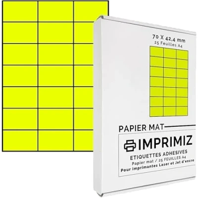 Image of 525 self adhesive labels 70 x 42 mm fluo yellow 21 labels/sheets 25 A4 colour sheets for laser and inkjet printing
