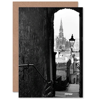 Image of Wee Blue Coo CITYSCAPE OLD LANE SCOTT MONUMENT EDINBURGH BLANK GREETINGS BIRTHDAY CARD