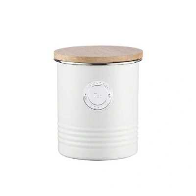 Image of Typhoon Retro Sleek Design Embossed Stripe Stainless Steel Tea Coffee Sugar Cookie Bread Bin Storage Jar Canister Wooden Bamboo Lid Cream/Ivory (Tea)