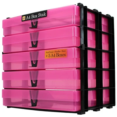 Image of WestonBoxes A4 Box Stak, Stackable Craft Storage Unit Including Plastic Boxes with Lids (Pink, Pack of 1)