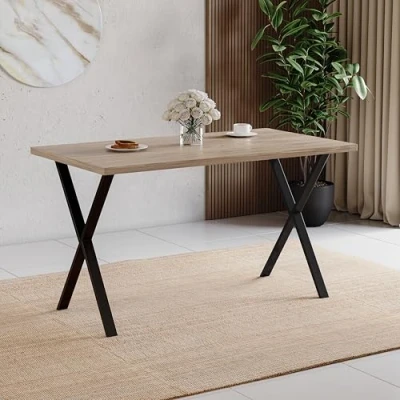 Image of Vida Designs 4 Seater Dining Table With X Shaped Black Metal Legs, Industrial Style Rectangle Kitchen/Dining Room Furniture (Oak)