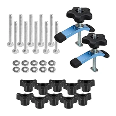 Image of POWERTEC 71842 T Track Knobs, 1/4 20 x 1 1/2&quot; Hex Bolts &amp; Washers (Set of 10) with 2 Mini Hold Down Clamps 3 5/8&quot; L 3/4&quot; W