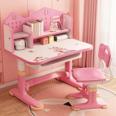 Image of Tuelaly Kids Desk and Chair Set,Height Adjustable Children&#039;s Desks with Spacious Storage Drawer,Golden Distance Preventing Myopia Design for School Home Study (Pink B)