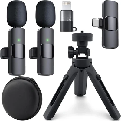Image of Wireless Microphones for iPhone iPad and Android USB C Ligthening with Tripod Leather Case, Clip on Lapel Lavalier Bluetooth Microphone Video Recording, TikTok, Live Streaming 2 Mics