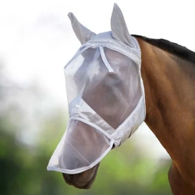 Image of Harrison Howard CareMaster Horse Fly Mask Long Nose with Ears Full Face Moonlight Silver Small Pony