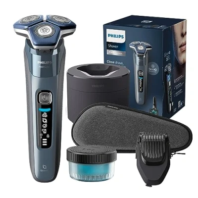 Image of Philips Shaver Series 7000 Wet &amp; Dry Electric in Ice Blue with 1 x Integrated Pop up Trimmer, Beard Travel Case, Quick Clean Pod and Charging Stand (Model S7882/54)