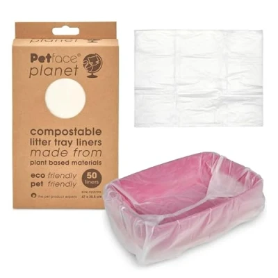 Image of Petface Planet Compostable Cat Litter Tray Liners, 50 Pack, Durable, 47 x 35.5 cm