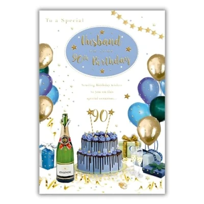 Image of Husband 90th Birthday Card Age 90 Special Artistic Design Balloons and Stars Finishes Illustrated Insert Leaf Made in the UK Eco Friendly