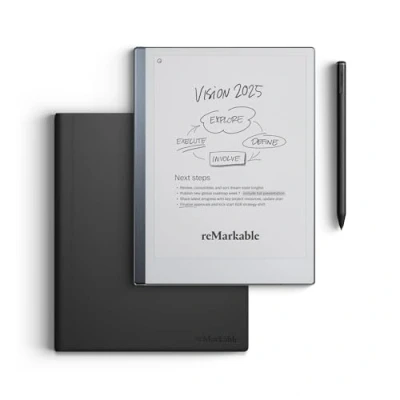 Image of REMARKABLE 2 with Marker Plus &amp; Black Leather Book Folio Case, Silver/Grey,Black
