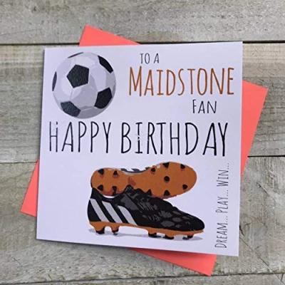 Image of WHITE COTTON CARDS Maidstone United Utd FC Football Club Fan Birthday Card BOOTS &amp; BALL DESIGN (FFP86)