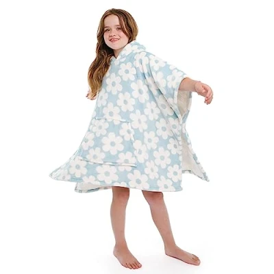 Image of Bedlam, kids, children, girls, boys poncho, fleece hoodie, wearable throw, Polyester, Retro Flower Duck Egg, 75 x 92.5cm