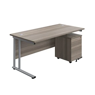 Image of 1800x800 Twin Rectangular Desk Grey Oak Silver + Mobile 2 Drawer Ped