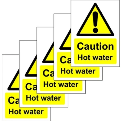 Image of Caution Hot Water Safety Sign Self Adhesive Sticker 100mm x 75mm (Pack of 5 Stickers)
