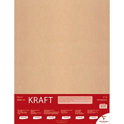 Image of Clairefontaine Ref 37108C Kraft Paper (25 Sheets) 50 x 65cm Sized Natural Brown, Smooth Side &amp; Ribbed Side, 90gsm Paper, Acid Free, pH Neutral