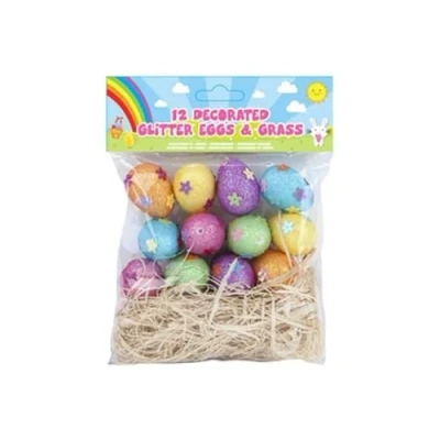Image of Easter Decorations 12 Colour Glitter Eggs &amp; Straw Bonnet Parade