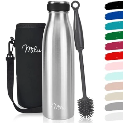 Image of Milu Stainless Steel Drinking Bottle 500ml Thermo Bottle, Insulated Water Leak Proof Double Walled, Carbonated incl. Cleaning Brush (Grey, 500ml)