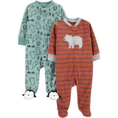 Image of Simple Joys by Carter&#039;s Baby 2 Pack Fleece Footed Sleep and Play Toddler Sleepers, Rust Stripes/Spruce Green Forest Animals, Premature (Pack of 2)
