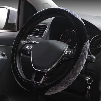 Image of HONCENMAX Plush Steering Wheel Cover Flat Bottom Car Protector D Cut Shaped Universal Diameter 38cm(15&quot;) Gray