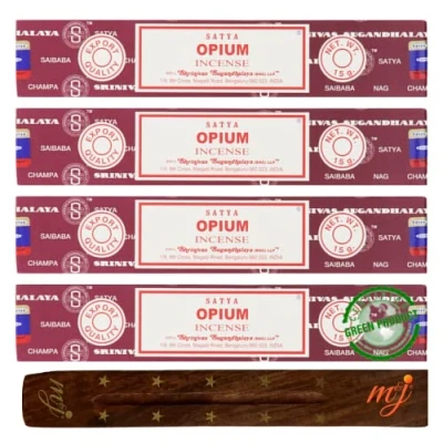 Image of Original Satya Nag Champa Opium incense sticks with M&amp;J holder x4 pack for Aromatherapy, Spa, Yoga, Weddings, Meditation, Healing, Positivity and Relaxation
