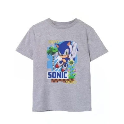 Image of Sonic THE HEDGEHOG Kids T Shirt Grey Green Hills Graphic Tee for Boys &amp; Girls Short Sleeve Vintage Style Gaming Apparel Top Retro Merchandise Gift Children Teens
