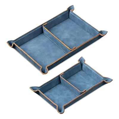 Image of Navaris Faux Leather Tray Set 2 Valet Organiser Trays for Bedside Table Desk with Dividers Store Keys, Change, Wallet, Phone, Glasses Blue