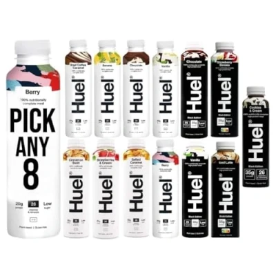 Image of Huel PICK ANY 8 Ready To Drink Nutritionally Complete Meal from 8+ Flavours Inc.Chocolate, Banana, Vanilla, Berry, Salted Caramel, Iced Coffee Strawberries &amp; Cream, BLACK EDITION (Each 500ml)