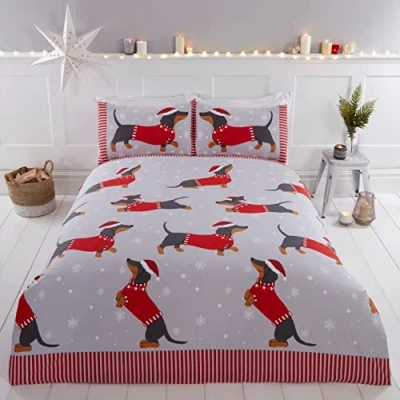 Image of Rapport Home Dachshund Through The Snow Double Duvet Cover Christmas Bed Set, 3pcs, Red