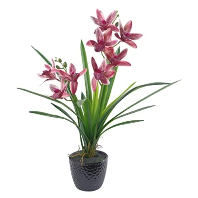 Image of Leaf Artificial Orchid with Black Ceramic Planter, Dark Pink, 50cm