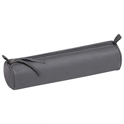 Image of Clairefontaine Ref 8334C Leather Round Pencil Case 5.5 x 20cm, Geniune Lambskin Leather, Suede Look Interior, Metal Zip &amp; Puller Grey