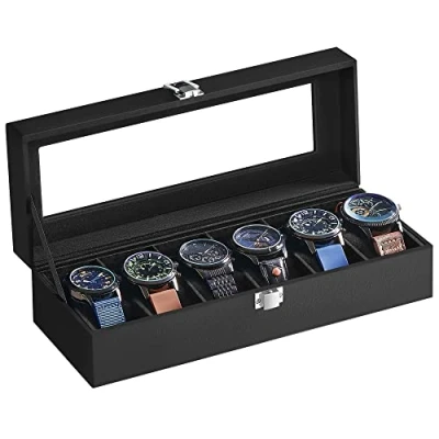 Image of SONGMICS Watch Box with 6 Slots, Case Glass Lid, Display Removable Pillows, Metal Clasp, Gift Idea, Black Synthetic Leather, Lining JWB06B01