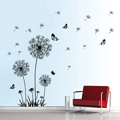 Image of decalmile Dandelion Wall Decals Flying Flowers Butterflies Stickers Art Living Room Bedroom Decor (Black)