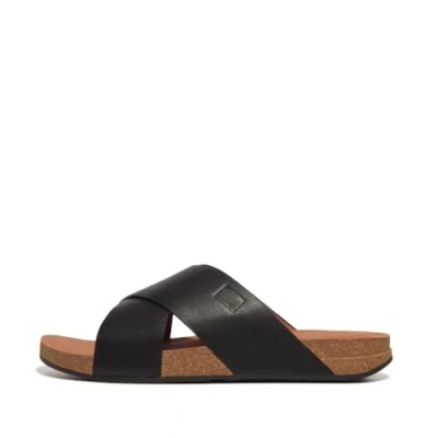 Image of Fitflop iQUSHION Men&#039;s Leather Cross Slides Sandal, Black, 9 UK