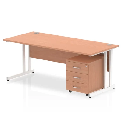 Image of Impulse 1800x800mm Desk Beech Top White Cantilever Leg + Mobile Ped