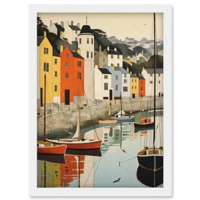 Image of Artery8 Dartmouth Harbour Boats Watercolour Painting Devon Scenic River Dart Townscape Artwork Framed Wall Art Print A4