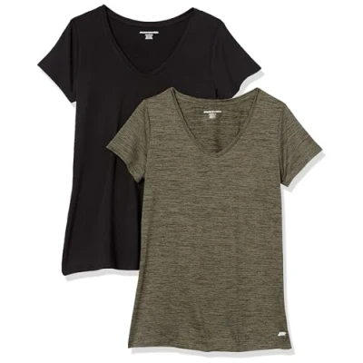 Image of Amazon Essentials Women&#039;s Tech Stretch Short Sleeved V Neck T Shirt (Available in Plus Sizes), Pack of 2, Black/Olive Space Dye, S
