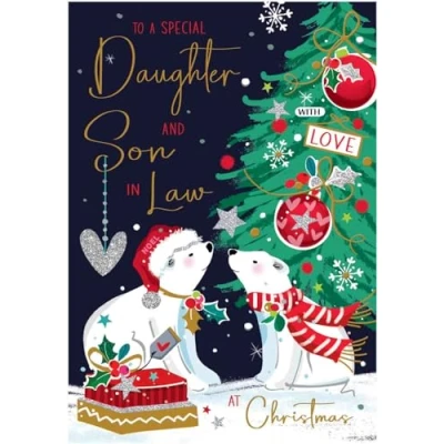 Image of Daughter and Son in Law Christmas Card Polar Bear Couple Tree Contemporary Artistic Festive Design Special Finishes Illustrated Insert Leaf Made the UK