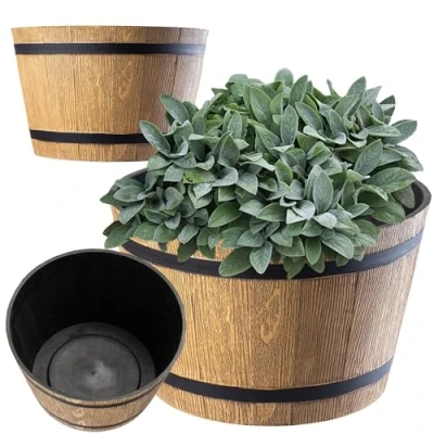 Image of KADAX Barrel Planter, Plastic Plant Pot for Indoor and Outdoor Use, Weatherproof Rustic Flower Pot, Round Garden Planter (⌀ 23 cm, Light Brown)