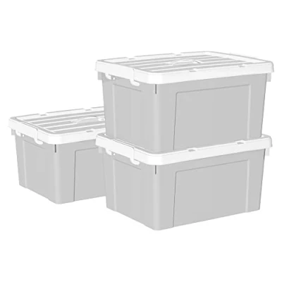 Image of Cetomo 45L*3 Storage Boxes, Carry Plastic Box with Lids, Organizing Container Handle and Secure Latching Buckles, Stackable, Nestable, Tote Bin for Home Office Clothes, 45L 3Pack, Gray