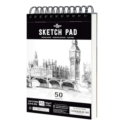 Image of STATIONERY ISLAND Sketch Pad, A5 Book 180 g/m² Thick Paper, 100 Pages / 50 Sheets Spiral Bound Sketchbook 1 Pack