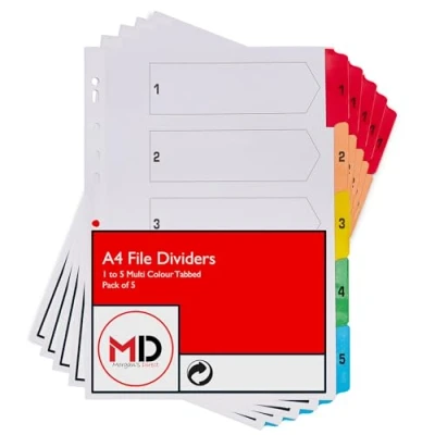 Image of A4 1 5 File Dividers with Coloured Numbered Index Tabs Multi Hole Punched and Reinforced Subject Divider Pack of