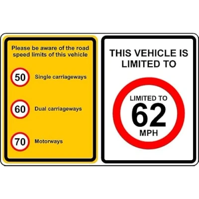 Image of Please be aware of the road speed limits This vehicle is limited to 62mph sign Self adhesive sticker (200mm x 150mm)
