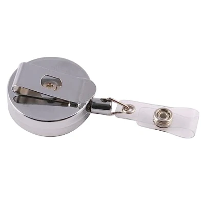 Image of EUROPEL Badge Reel with Strap Clip; Heavy Duty 80cm; Push Button; Chromed; Pack of 10 Pieces; for Name Badges; Pass Holders