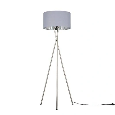 Image of MiniSun Modern Brushed Chrome Metal Tripod Floor Lamp with a Grey and Shade Lamps &amp; Torchieres, Home Décor, Improvement Lifestyle Essential
