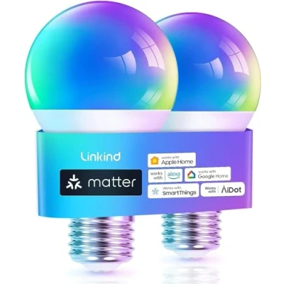 Image of Linkind Matter Smart RGBTW Bulb, E27 Led Light Bulbs Screw, 9W, 806lm, Bulb with Music Sync,Works Apple Home/Siri/Google Home/Alexa/SmartThings, 2 Pack