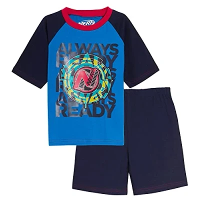Image of Nerf Short Pyjamas Kids Boys Shortie Pjs Set Summer Sleeve T Shirt + Shorts Nightwear Blue 7 8 Years